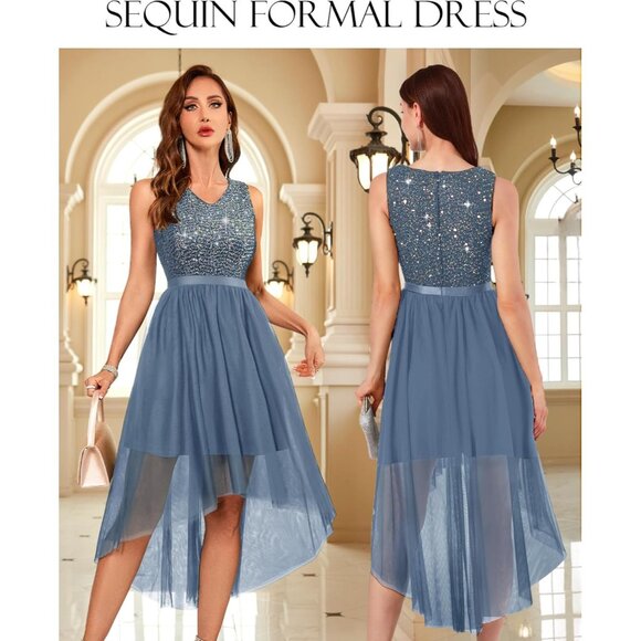 BeryLove Women Tulle Sequin Grey Chiffon Scoop Neck Sleeveless Cocktail Dresses - Picture 3 of 7